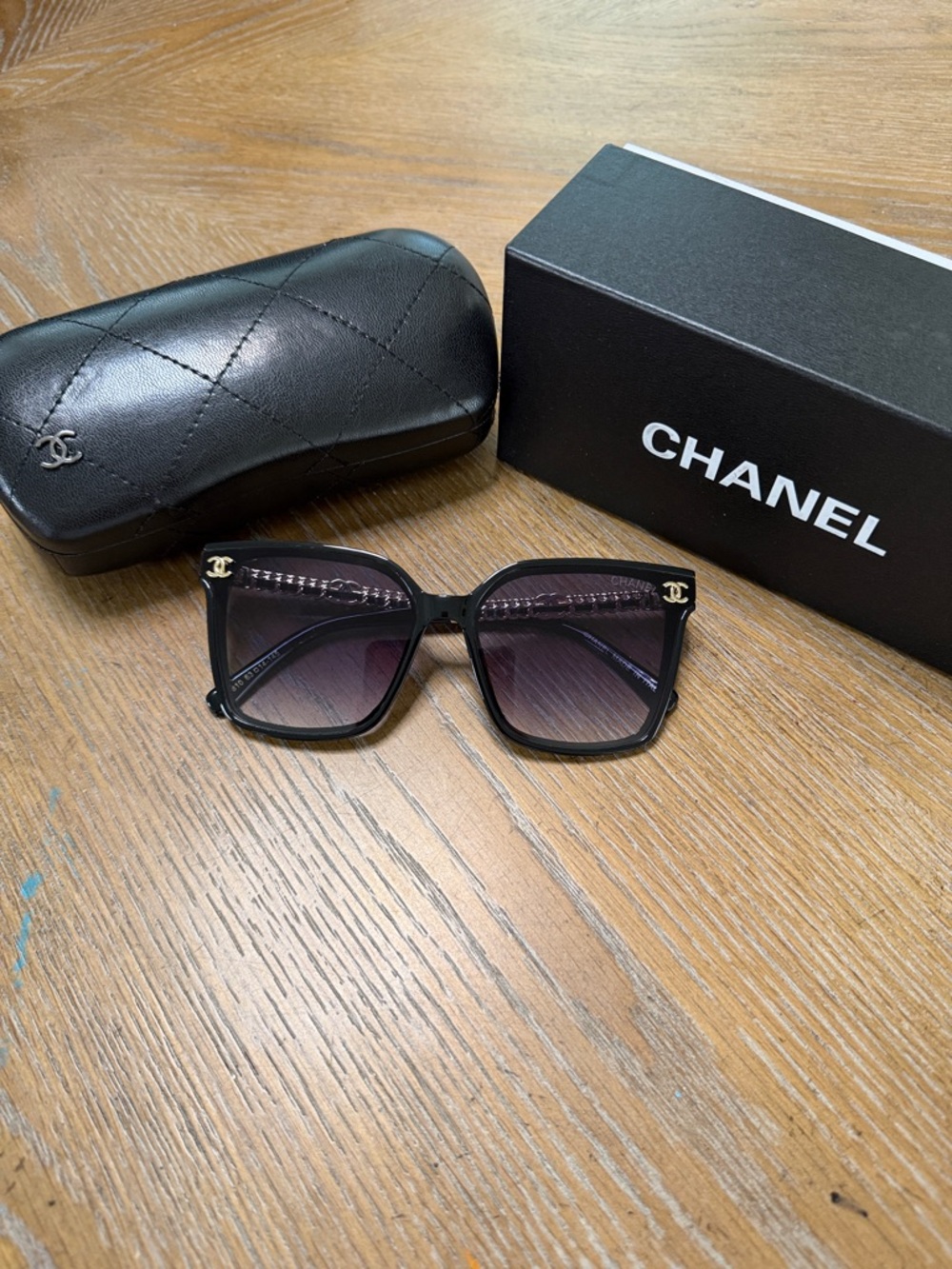 CHANEL Black & Gold leather Square Sunglasses with Gold CC Temples